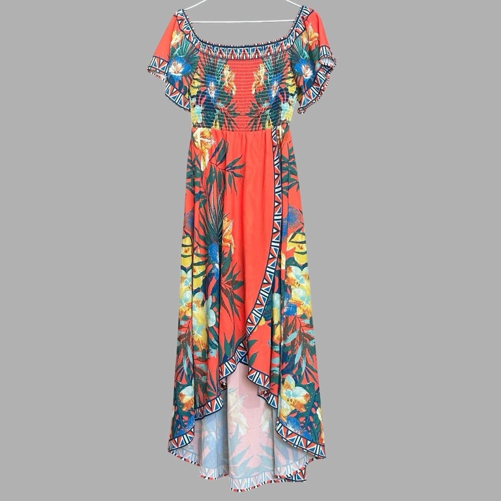 Jealous Tomato Tropical Floral Maxi Dress S Smocked Asymmetrical High Low Resort